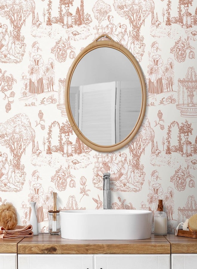 Livelynine Pink Toile Wallpaper Peel and Stick Vintage French Country Chateau Blush Pink Coquette Wall Paper for Bedroom Nursery Girls Room Light Pink Chinoiserie Removable Contact Paper 17.5x78.8 - Image 5