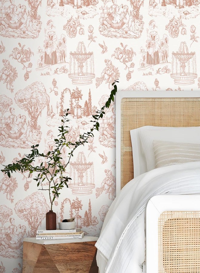 Livelynine Pink Toile Wallpaper Peel and Stick Vintage French Country Chateau Blush Pink Coquette Wall Paper for Bedroom Nursery Girls Room Light Pink Chinoiserie Removable Contact Paper 17.5x78.8 - Image 3