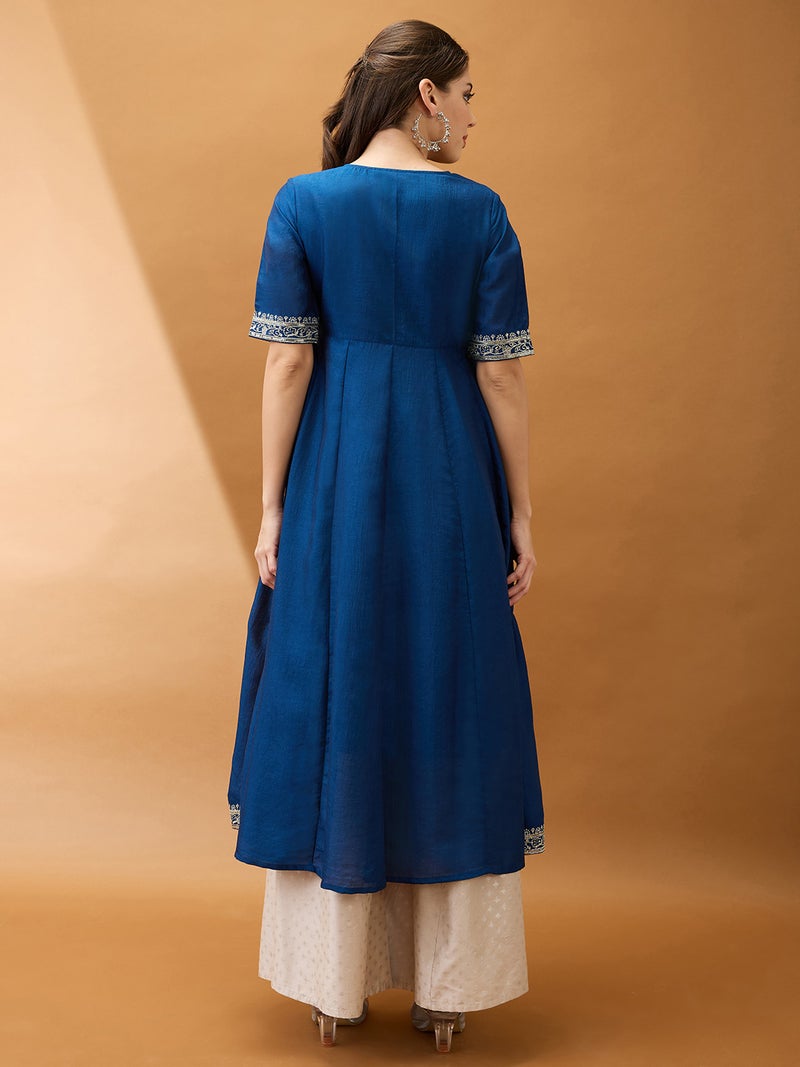 globus Globus Women Blue Sequinned Floral Embroidered Yoke V-Neck Alia Cut A-Line Festive Kurta - Image 3
