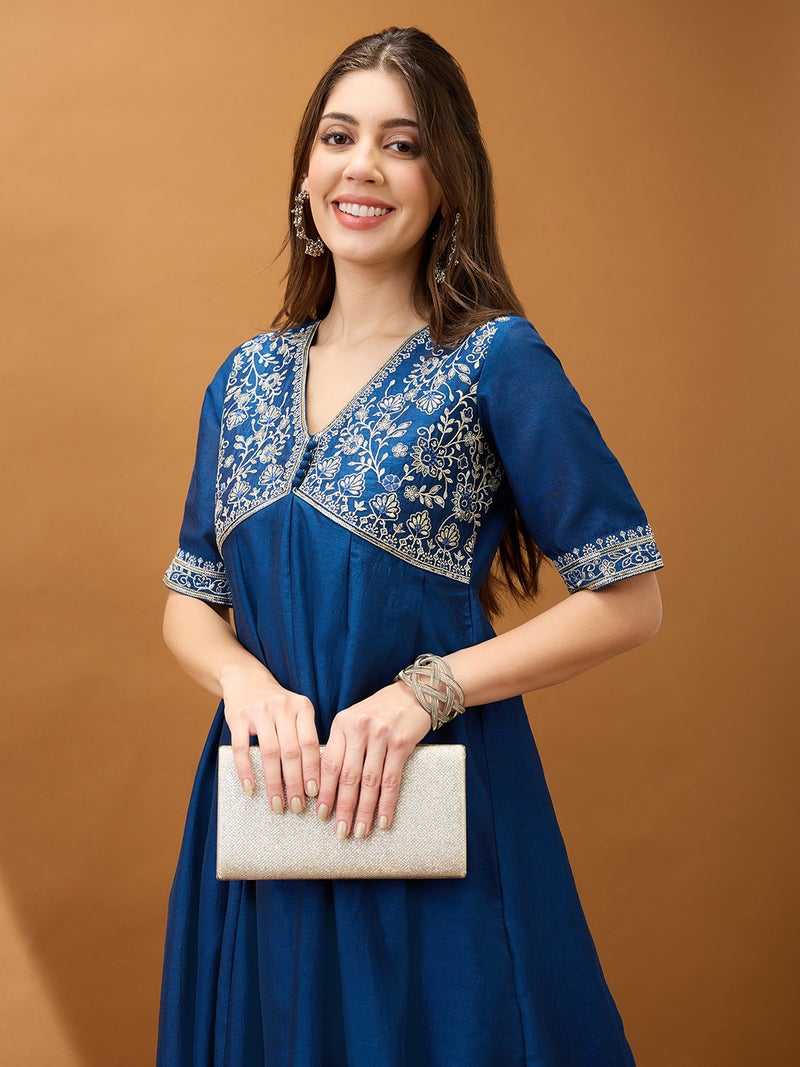 globus Globus Women Blue Sequinned Floral Embroidered Yoke V-Neck Alia Cut A-Line Festive Kurta - Image 5
