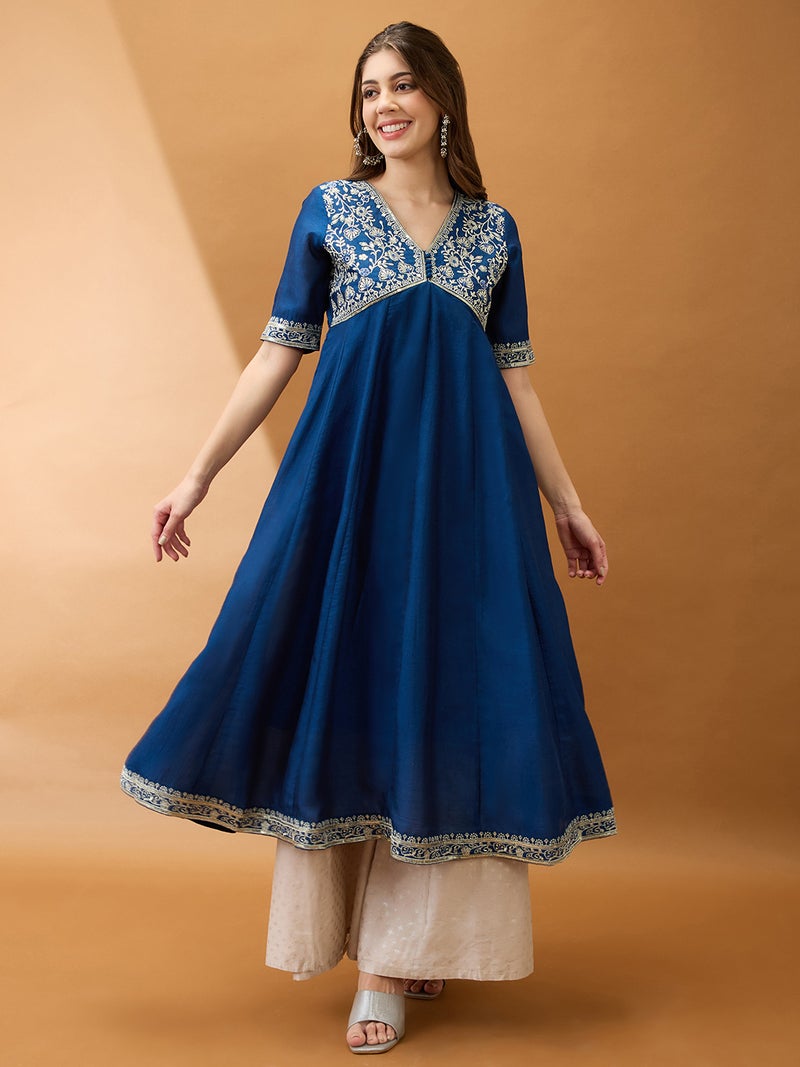 globus Globus Women Blue Sequinned Floral Embroidered Yoke V-Neck Alia Cut A-Line Festive Kurta - Image 1