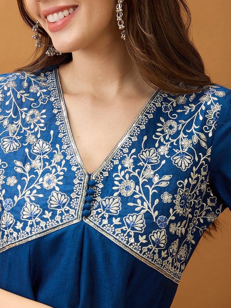globus Globus Women Blue Sequinned Floral Embroidered Yoke V-Neck Alia Cut A-Line Festive Kurta - Image 4