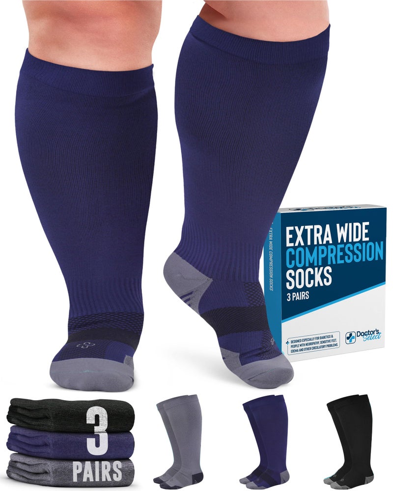Doctor's Select 3 Pairs Plus Size Compression Socks Wide Calf - Up to 6XL | 20-30 mmHg Compression Socks for Women Wide Calf Soreness Support | Black, Gray, Navy - Image 1