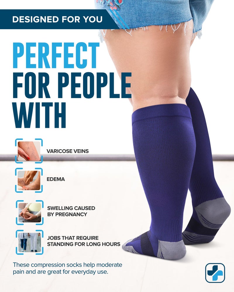 Doctor's Select 3 Pairs Plus Size Compression Socks Wide Calf - Up to 6XL | 20-30 mmHg Compression Socks for Women Wide Calf Soreness Support | Black, Gray, Navy - Image 4