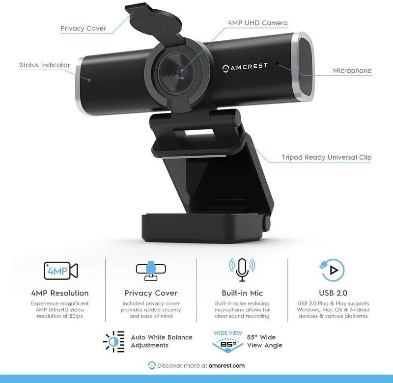 Amcrest 4-Megapixel Webcam w/Microphone & Privacy Cover, Web Cam USB Camera, Computer HD Streaming Webcam for PC Desktop & Laptop w/Mic, Wide Angle Lens & Large Sensor for Superior Low Light (AWC496) - Image 2