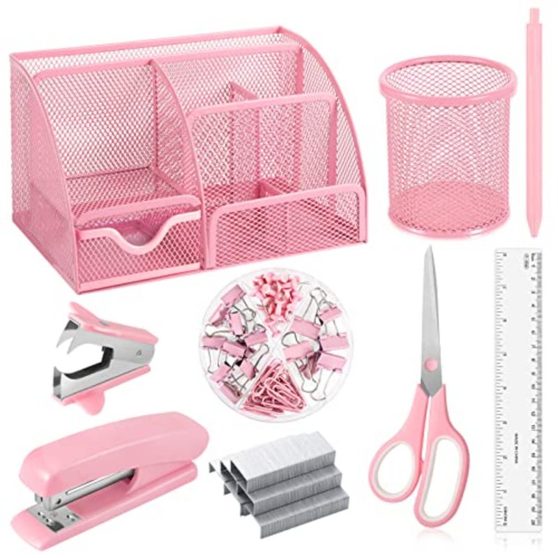 9 in 1 Desk Organizer Set - Mesh Organizer with Pink Stapler, Pen Holder, 1000 Staples, Scissors, Ruler, Staple Remover - Office Supplies Set and Gift for Coworkers - Image 1