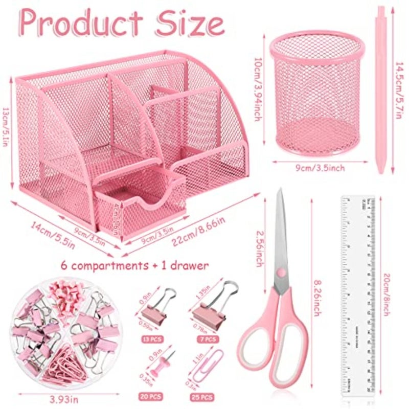9 in 1 Desk Organizer Set - Mesh Organizer with Pink Stapler, Pen Holder, 1000 Staples, Scissors, Ruler, Staple Remover - Office Supplies Set and Gift for Coworkers - Image 2