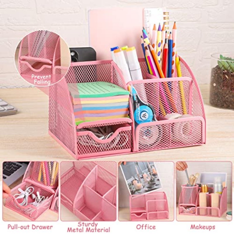 9 in 1 Desk Organizer Set - Mesh Organizer with Pink Stapler, Pen Holder, 1000 Staples, Scissors, Ruler, Staple Remover - Office Supplies Set and Gift for Coworkers - Image 4