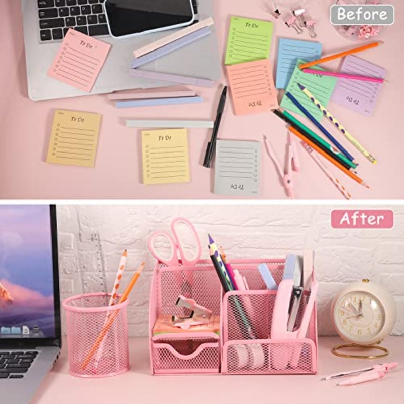9 in 1 Desk Organizer Set - Mesh Organizer with Pink Stapler, Pen Holder, 1000 Staples, Scissors, Ruler, Staple Remover - Office Supplies Set and Gift for Coworkers - Image 5