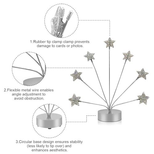 FaitAtten 7-Branch Family Desktop Photo Tree Holder Clip Round Base, Card Picture and Memo Desk Frame Display Stand for Wedding Party Christmas Photo Clip Holder Table Numbers (Stars) - Image 2