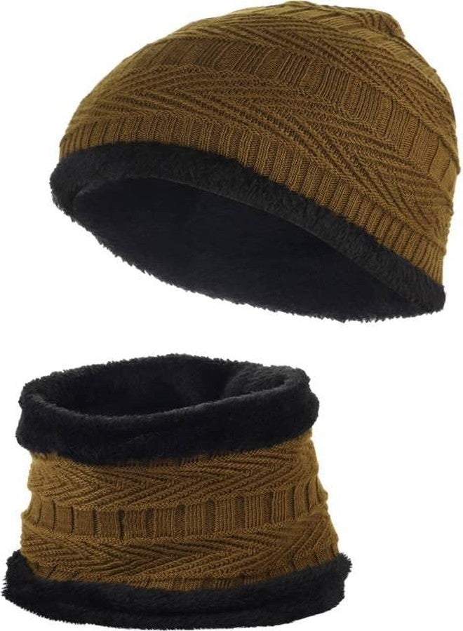 LAVI Winter Woolen Warm Unisex Beanie Knit Skull Hat with Scarf Set for Men & Women Premium Cap - Top Brown Lower Black (2 Piece) - Image 3