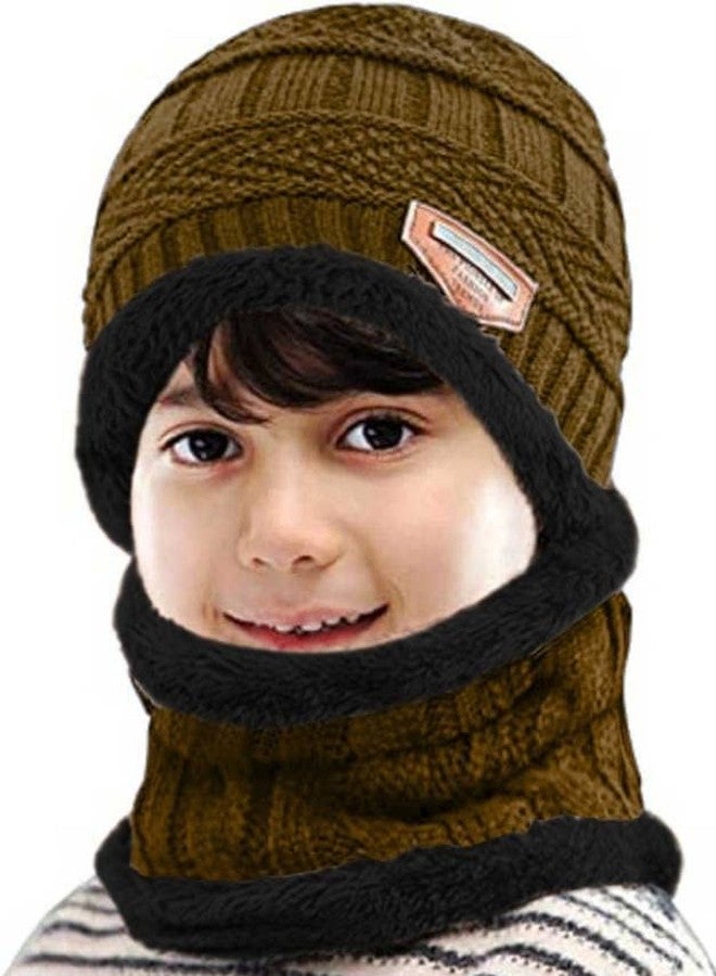 LAVI Winter Woolen Warm Unisex Beanie Knit Skull Hat with Scarf Set for Men & Women Premium Cap - Top Brown Lower Black (2 Piece) - Image 1