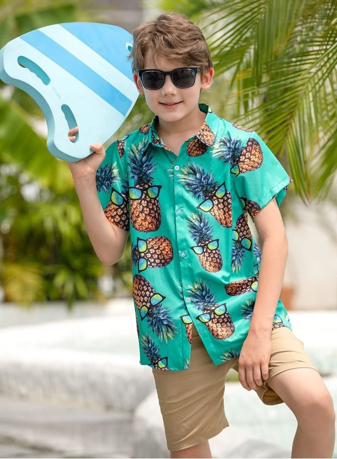UNICOMIDEA Little & Big Boys 3D Print Hawaiian Shirt Aloha Button Down Dress Shirt for 3-14 Years Old, A1-green Pineapple, 9-10 Years - Image 2