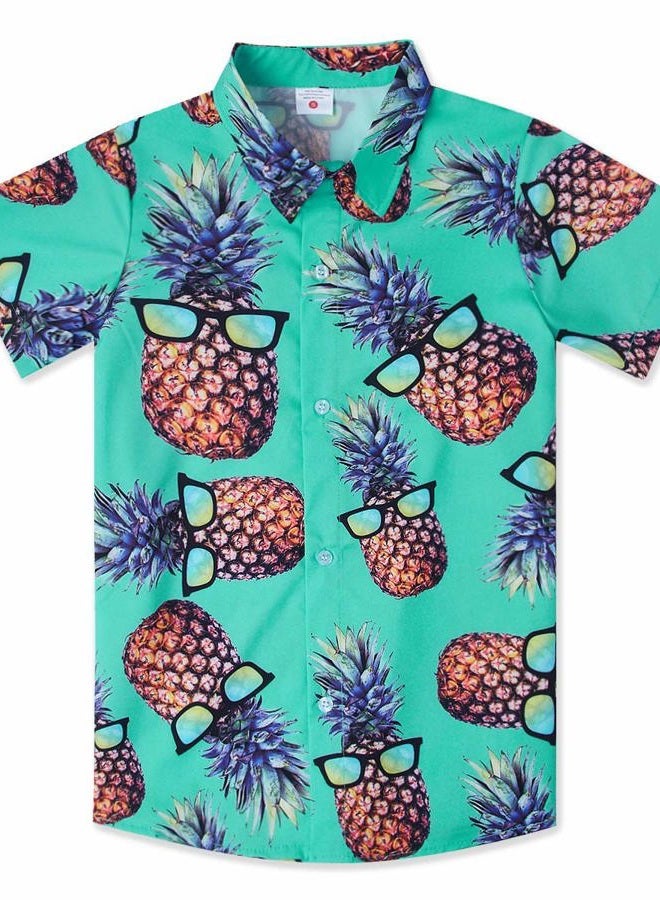 UNICOMIDEA Little & Big Boys 3D Print Hawaiian Shirt Aloha Button Down Dress Shirt for 3-14 Years Old, A1-green Pineapple, 9-10 Years - Image 1