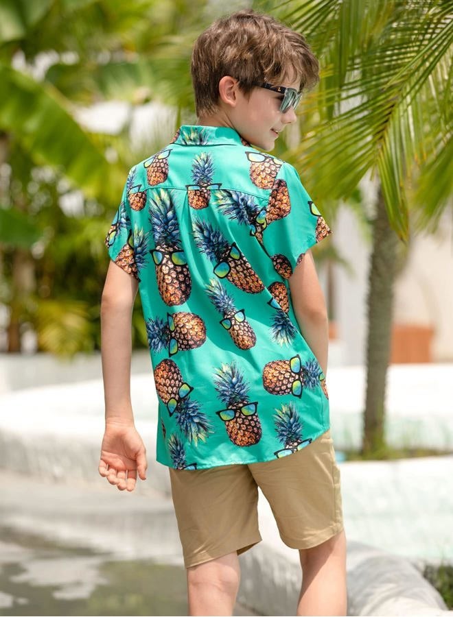 UNICOMIDEA Little & Big Boys 3D Print Hawaiian Shirt Aloha Button Down Dress Shirt for 3-14 Years Old, A1-green Pineapple, 9-10 Years - Image 3