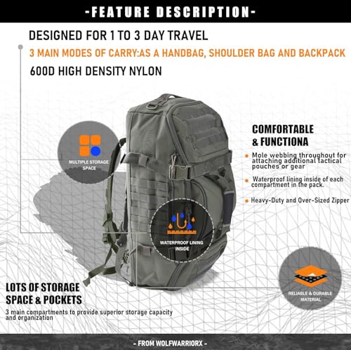Miramrax Travel Duffle Bag Backpack for Men - Large Tactical Bags Weekender Gym Bag for Overnight Traveling Military Workout Deployment Sports (Green, 80L) - Image 2