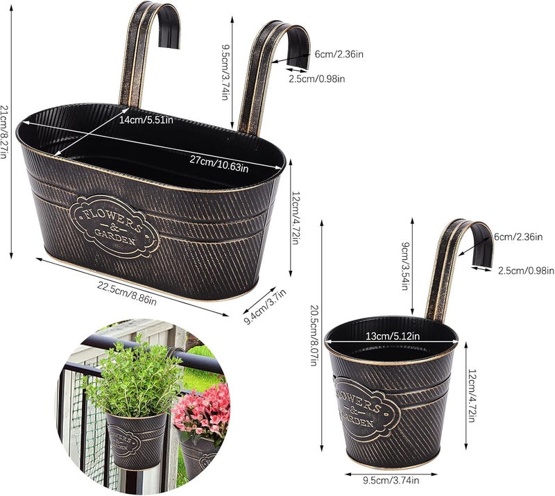PerGar Vintage Metal Iron Wall Hanging Flower Pots, Rustic Planter Bucket Herb Flower Plant Holder with Detachable Hooks & Drainage Hole for Railing Fence Balcony Deck Garden Home Decoration, Set of 3 - Image 2