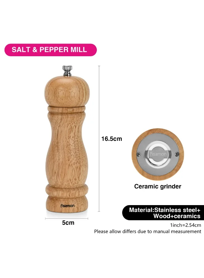 Fissman 16.5cm Manual Salt and Pepper Grinder 16.5cm, Light Brown Ceramic Mill, Adjustable Spice Grinder for Peppercorns, Salt, and Dry Spices, Easy Refill Kitchen Mill  | Best Price UAE