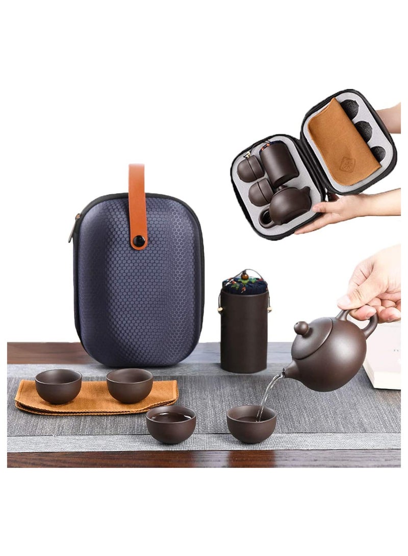 Travel Tea Sets Ceramic Chinese Kung Fu Japanese Purple Clay tea pot set TraditIonal Handmade Teapot, Tea Canister, 4 Teacups,Tea Mat and Portable Travel Bag (Tea Sets) - Image 1