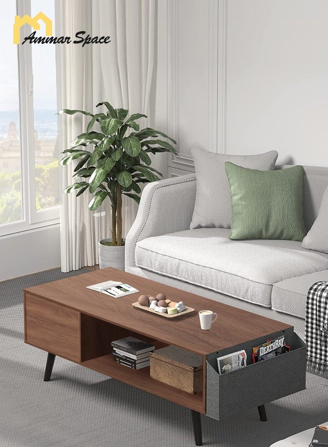 مساحة عمار طاولة قهوة 100*50*45 سم مع مساحة تخزين سهلة التركيب، طاولة غرفة معيشة مع طاولة مركزية مزدوجة الطبقات للأريكة المنزلية - Image 1