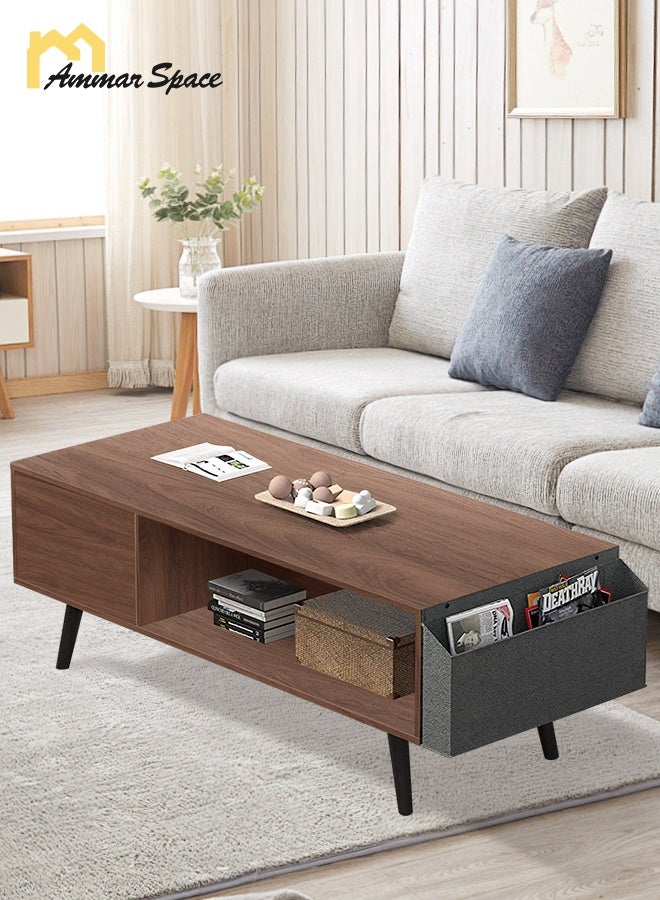 مساحة عمار طاولة قهوة 100*50*45 سم مع مساحة تخزين سهلة التركيب، طاولة غرفة معيشة مع طاولة مركزية مزدوجة الطبقات للأريكة المنزلية - Image 4