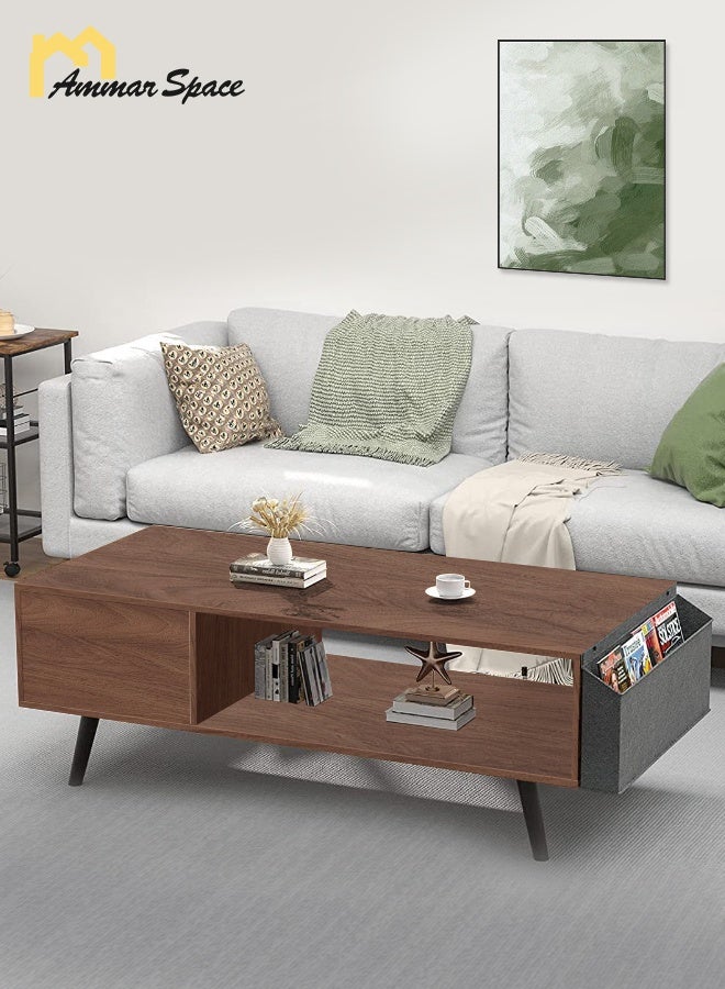 مساحة عمار طاولة قهوة 100*50*45 سم مع مساحة تخزين سهلة التركيب، طاولة غرفة معيشة مع طاولة مركزية مزدوجة الطبقات للأريكة المنزلية - Image 2