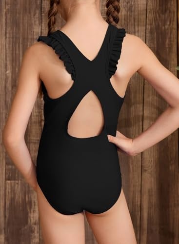 blibean Tween Girl Swimsuit Kids Girls Summer One Piece Swimsuits Solid Beach Swimwear Fashion Ruffle Cute Bathing Suits Plus Size 14 15 16 Years Old Black Traje De Baño para Niñas - Image 3