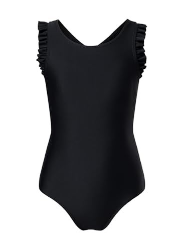 blibean Tween Girl Swimsuit Kids Girls Summer One Piece Swimsuits Solid Beach Swimwear Fashion Ruffle Cute Bathing Suits Plus Size 14 15 16 Years Old Black Traje De Baño para Niñas - Image 1