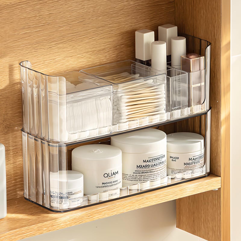 PAVSTINE 2-Tier Stackable Medicine Cabinet Organizer, Narrow Bathroom Makeup Organizer with Lipstick Holders & Cotton Swab Cases, Clear Countertop Shelf for Mirror Cabinet and Vanity - Image 1