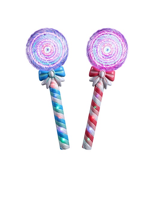 2 PCS Light Up Spinning Lollipop Wand, 12 Inch LED Princess Wand, Princess Glitter Light up Wand, Suitable for Pretend Play Prop, Carnival Prize (Pink, Blue）