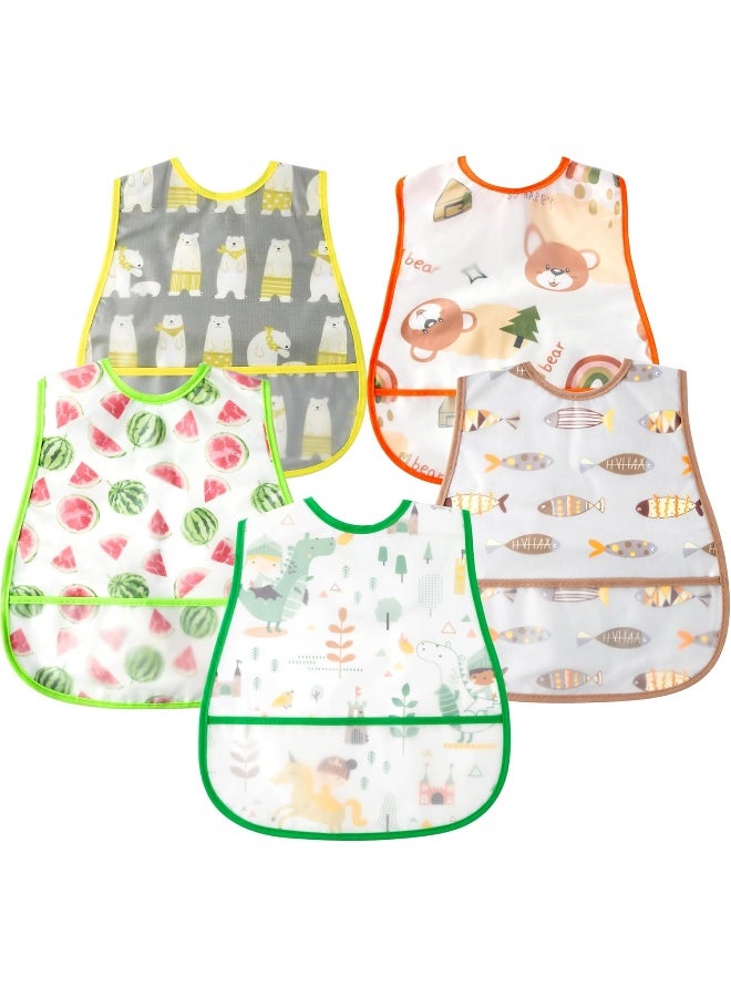 R HORSE 5Pcs Baby Bibs Set Toddler Bibs with Crumb Catcher Pocket & Snap Button Waterproof Baby Feeding Bibs for 6-24 Months - Image 1