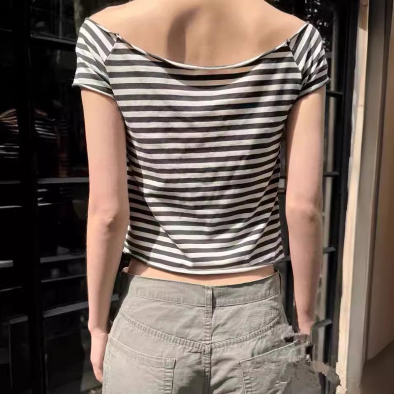 Bm Style Flat For New Black And White Stripe Off-Shoulder Short-Sleeved T-Shirt Women'S Summer Bm Slim-Fit Slimming Short Off-Shoulder Top - Image 4