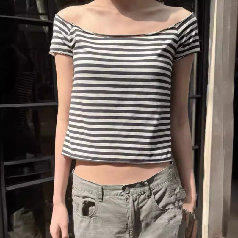 Bm Style Flat For New Black And White Stripe Off-Shoulder Short-Sleeved T-Shirt Women'S Summer Bm Slim-Fit Slimming Short Off-Shoulder Top - Image 3
