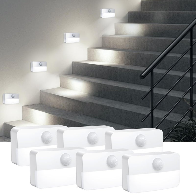 AMIR 6 Pack Mini Motion Sensor Stair Light for Indoor, Battery-Powered LED Night Light, 40 Lumen 6500K, Cordless Closet Lights, Safe Lights for Stairs, Hallway, Bathroom, Kitchen, Cabinet - Image 1
