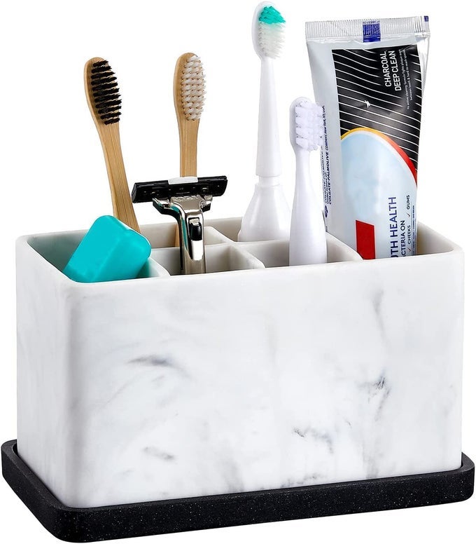 MARBLE LOOK TOOTHBRUSH HOLDER FOR BATHROOM COUNTERTOP ORGANIZER HOLDS TOOTHPASTE DENTAL FLOSS RAZOR COMB MAKEUP BRUSHES AND MORE STYLISH BATHROOM ACCESSORY FOR TOOTH BRUSHING ESSENTIALS