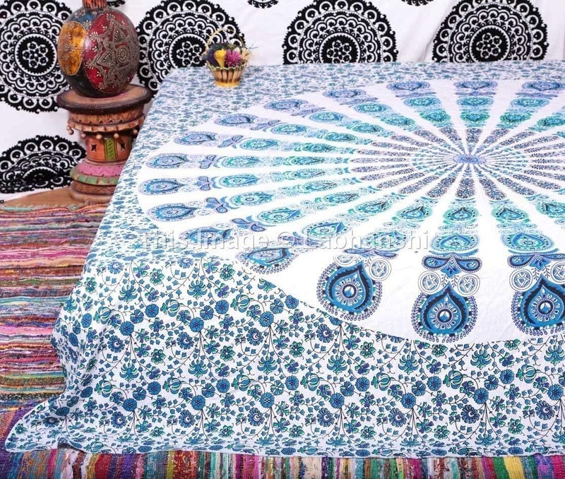 Bless International Indian hippie Bohemian Psychedelic Peacock Mandala Wall hanging Bedding Tapestry (Peacock Sky Blue, Queen(84x90Inches)(215x230Cms)) - Image 5