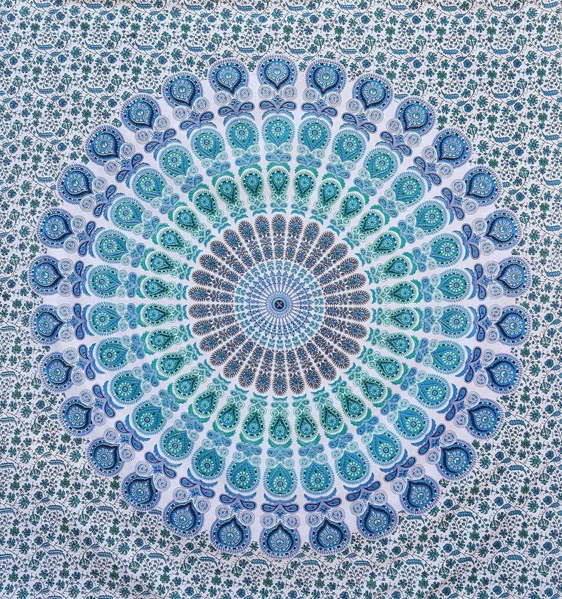 Bless International Indian hippie Bohemian Psychedelic Peacock Mandala Wall hanging Bedding Tapestry (Peacock Sky Blue, Queen(84x90Inches)(215x230Cms)) - Image 4