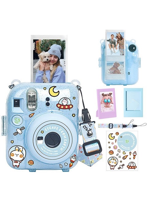 5 Pack Protective Clear Case for Fujifilm Instax Mini 12 Instant Camera - Crystal Hard Shell Cover with Upgraded Photo Pocket Holds 10 Films on Back and Adjustable Strap - Glitter Blue(No Camera)