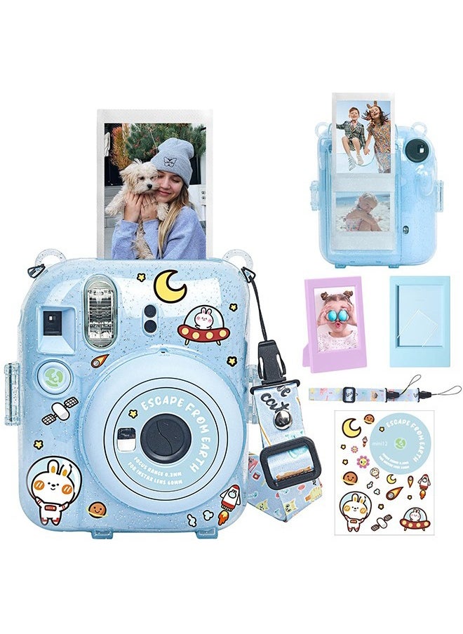 ACTION - 5 Pack Protective Clear Case for Fujifilm Instax Mini 12 Instant Camera - Crystal Hard Shell Cover with Upgraded Photo Pocket Holds 10 Films on Back and Adjustable Strap - Glitter Blue(No Camera) - Image 1