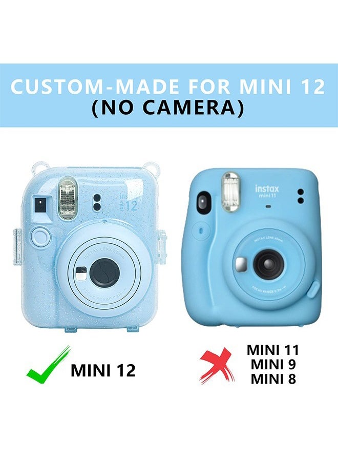 ACTION - 5 Pack Protective Clear Case for Fujifilm Instax Mini 12 Instant Camera - Crystal Hard Shell Cover with Upgraded Photo Pocket Holds 10 Films on Back and Adjustable Strap - Glitter Blue(No Camera) - Image 1