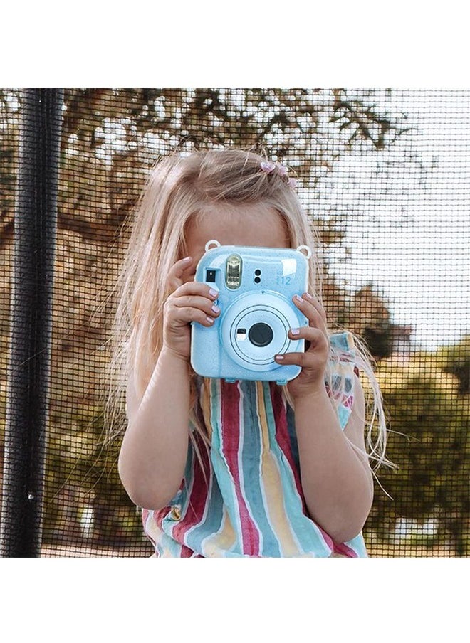 ACTION - 5 Pack Protective Clear Case for Fujifilm Instax Mini 12 Instant Camera - Crystal Hard Shell Cover with Upgraded Photo Pocket Holds 10 Films on Back and Adjustable Strap - Glitter Blue(No Camera) - Image 1