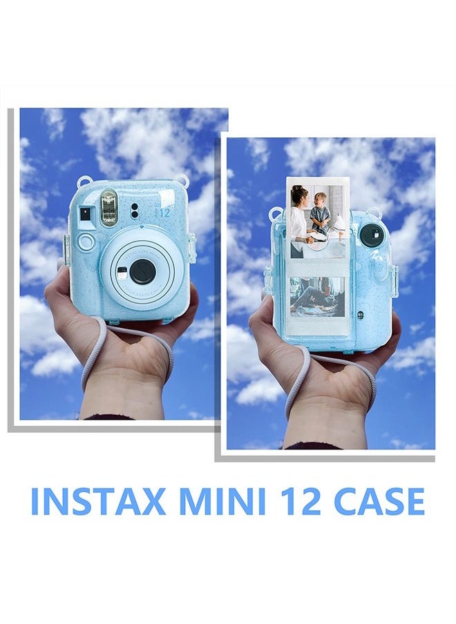 ACTION - 5 Pack Protective Clear Case for Fujifilm Instax Mini 12 Instant Camera - Crystal Hard Shell Cover with Upgraded Photo Pocket Holds 10 Films on Back and Adjustable Strap - Glitter Blue(No Camera) - Image 1