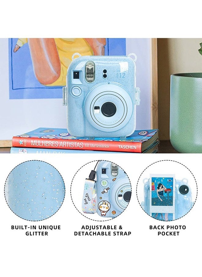 ACTION - 5 Pack Protective Clear Case for Fujifilm Instax Mini 12 Instant Camera - Crystal Hard Shell Cover with Upgraded Photo Pocket Holds 10 Films on Back and Adjustable Strap - Glitter Blue(No Camera) - Image 1