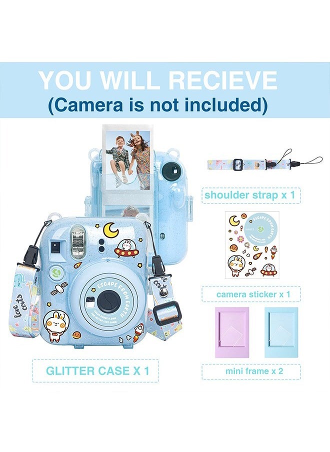 ACTION - 5 Pack Protective Clear Case for Fujifilm Instax Mini 12 Instant Camera - Crystal Hard Shell Cover with Upgraded Photo Pocket Holds 10 Films on Back and Adjustable Strap - Glitter Blue(No Camera) - Image 1