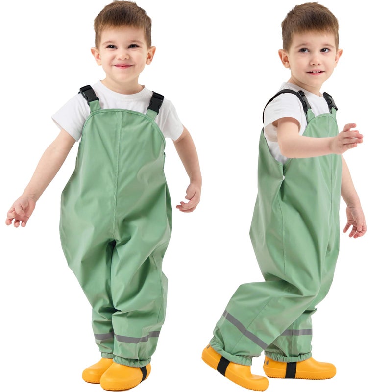 Fewlby Kids Rain Bib Pants, Toddlers Waterproof Suspender Dirty Proof Rain Wear, Green, 4-5 Years - Image 1