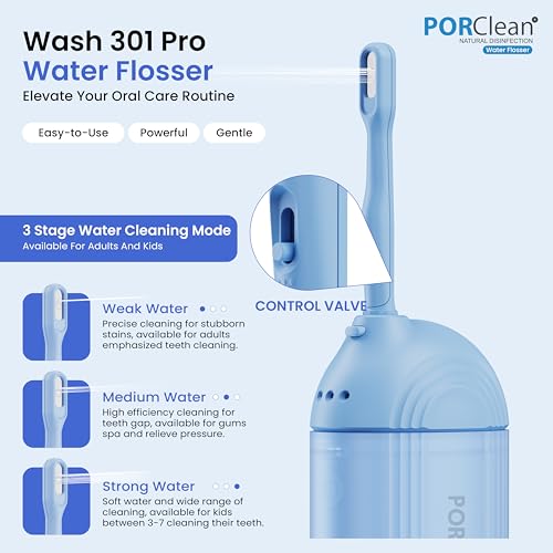 PORClean WASH301 PRO Electric Water Flosser for Teeth | 120 PSI Deep Cleaning, 3 Modes with 9 Adjustable Pressure Dental Flosser | 180ml Tank, 5 Tips | Oral Irrigator for Braces, Implants & Gum Care - Image 3