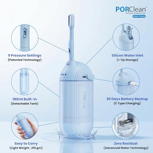 PORClean WASH301 PRO Electric Water Flosser for Teeth | 120 PSI Deep Cleaning, 3 Modes with 9 Adjustable Pressure Dental Flosser | 180ml Tank, 5 Tips | Oral Irrigator for Braces, Implants & Gum Care - Image 2