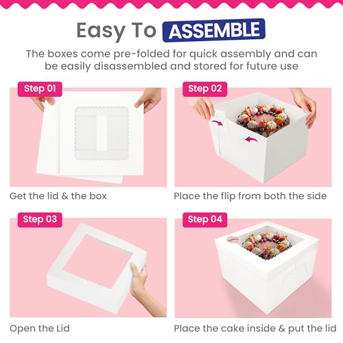 RICCLE 15pcs Cake Boxes, 12x12x8 Inches Tall Cake Box with Window, Large White Bakery Boxes, Baking Boxes, Square Cardboard Cake Box for Multi-Layer Cakes, Cake Decorating Supplies - Image 3