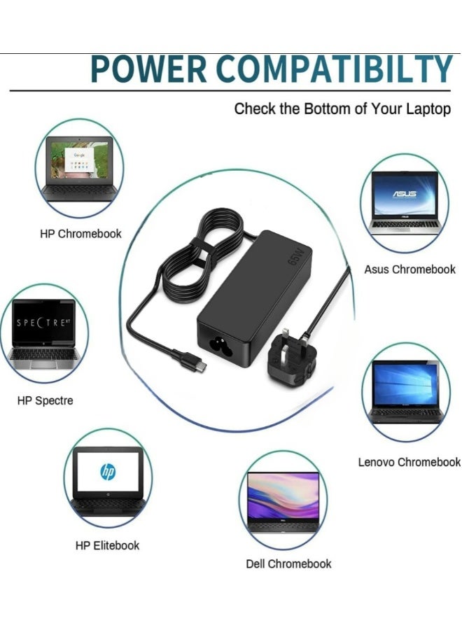 USB-C 65W replacement charger suitable for Lenovo-ThinkPad and 95% USB charging port iPad, Huawei, Samsung, Xiaomi devices, laptop power adapter cable - Image 1