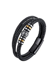 MARIO DRAFTS Men's Braided Leather Bracelet, Black Double Layer with Gold-Silver Accent, Magnetic Clasp  - Image 1